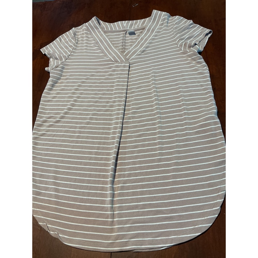 Old Navy Luxe Women XS Taupe White Striped V-Neck Short Sleeve Curved Hem Tee